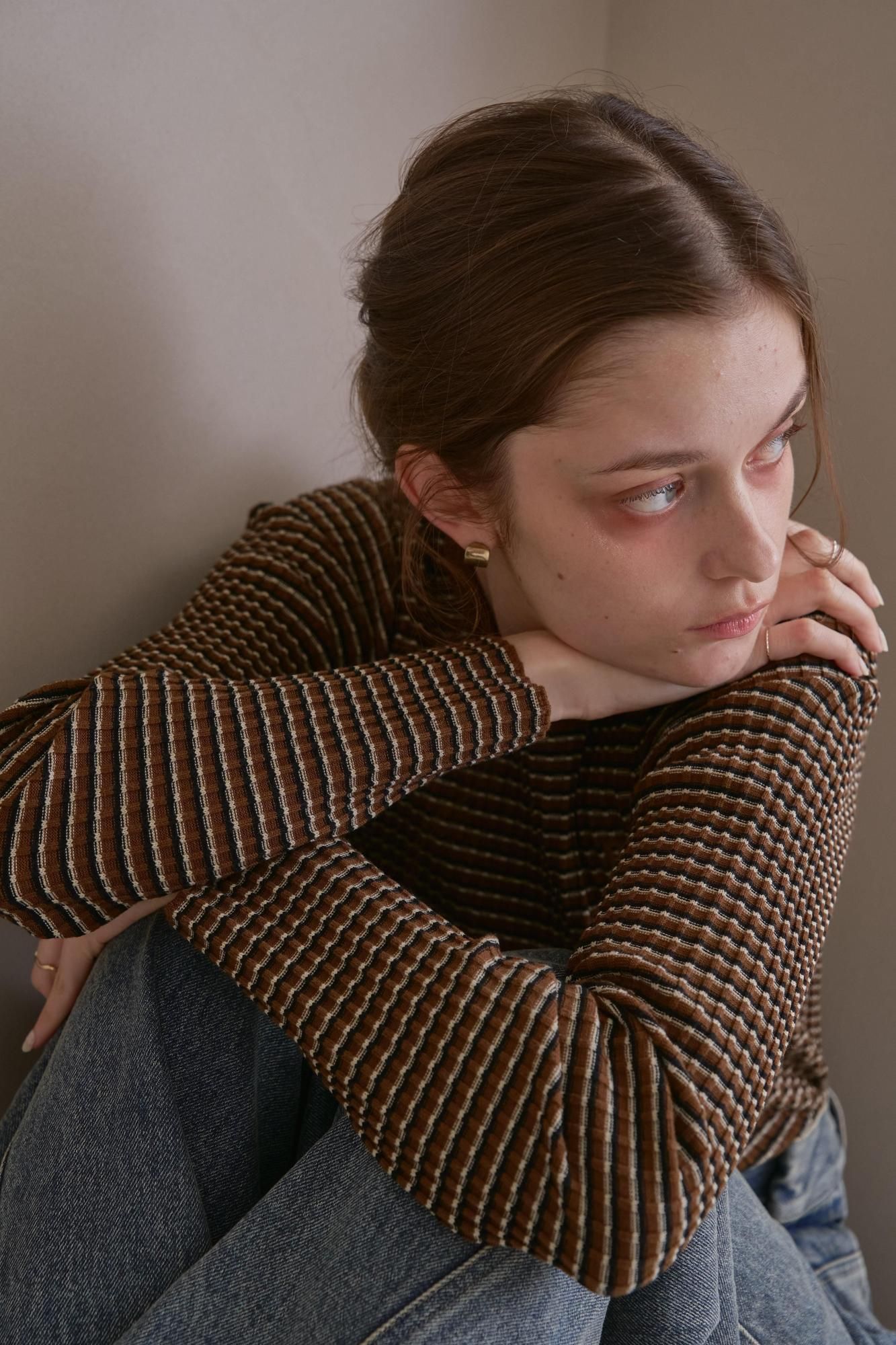 ピヌエ　 ミニボーダーニットトップス（BROWN）新品未使用品 ミニボーダーニットトップス（BROWN） - PINUE