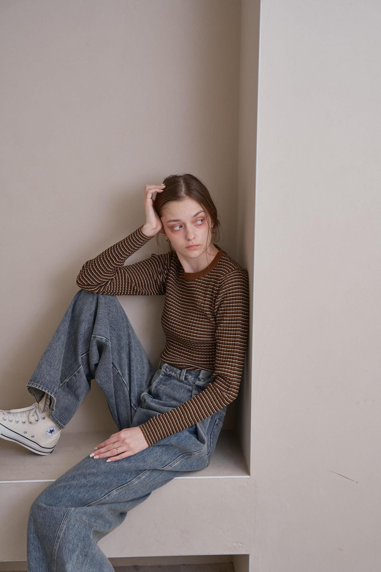 ピヌエ　 ミニボーダーニットトップス（BROWN）新品未使用品 ミニボーダーニットトップス（BROWN） - PINUE