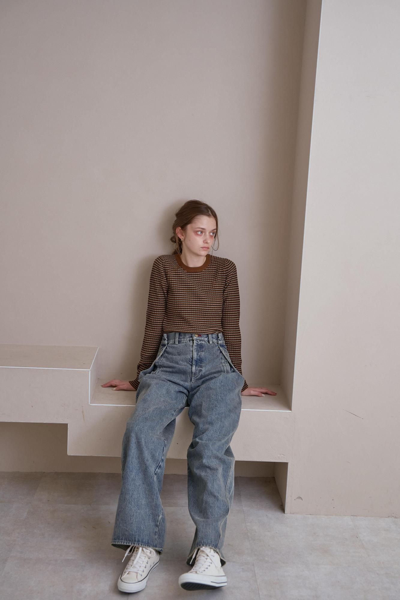 ミニボーダーニットトップス（BROWN） - PINUE