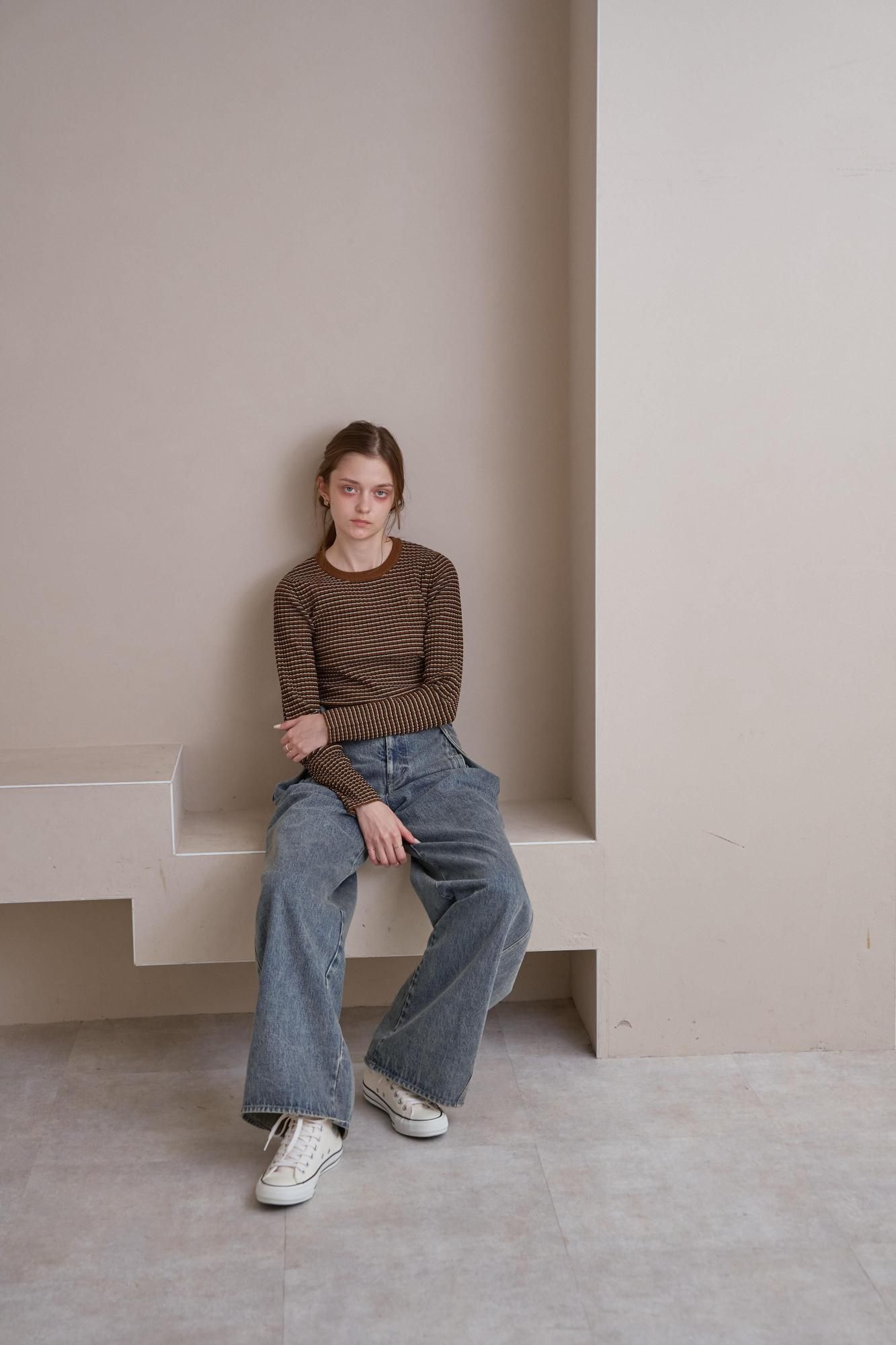 ピヌエ　 ミニボーダーニットトップス（BROWN）新品未使用品 ピヌエ ミニボーダーニットトップス（BROWN）新品未使用品