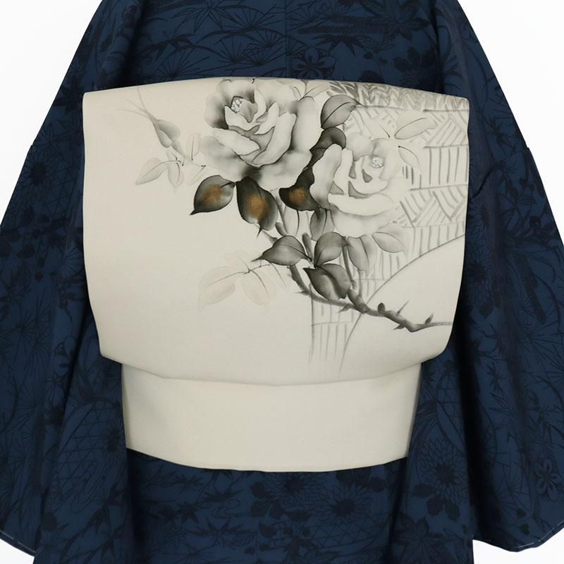 作家物 塩瀬 黒地 バラアンティーク 薔薇