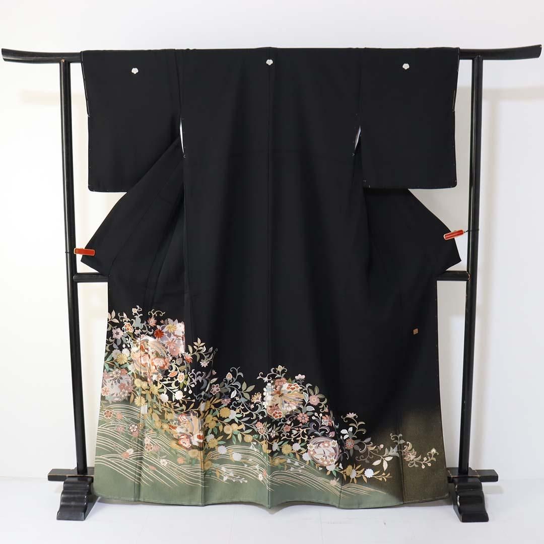 RK-272 作家物 黒留袖 金駒刺繍 着物 正絹 落款 共八掛 五つ紋 袷