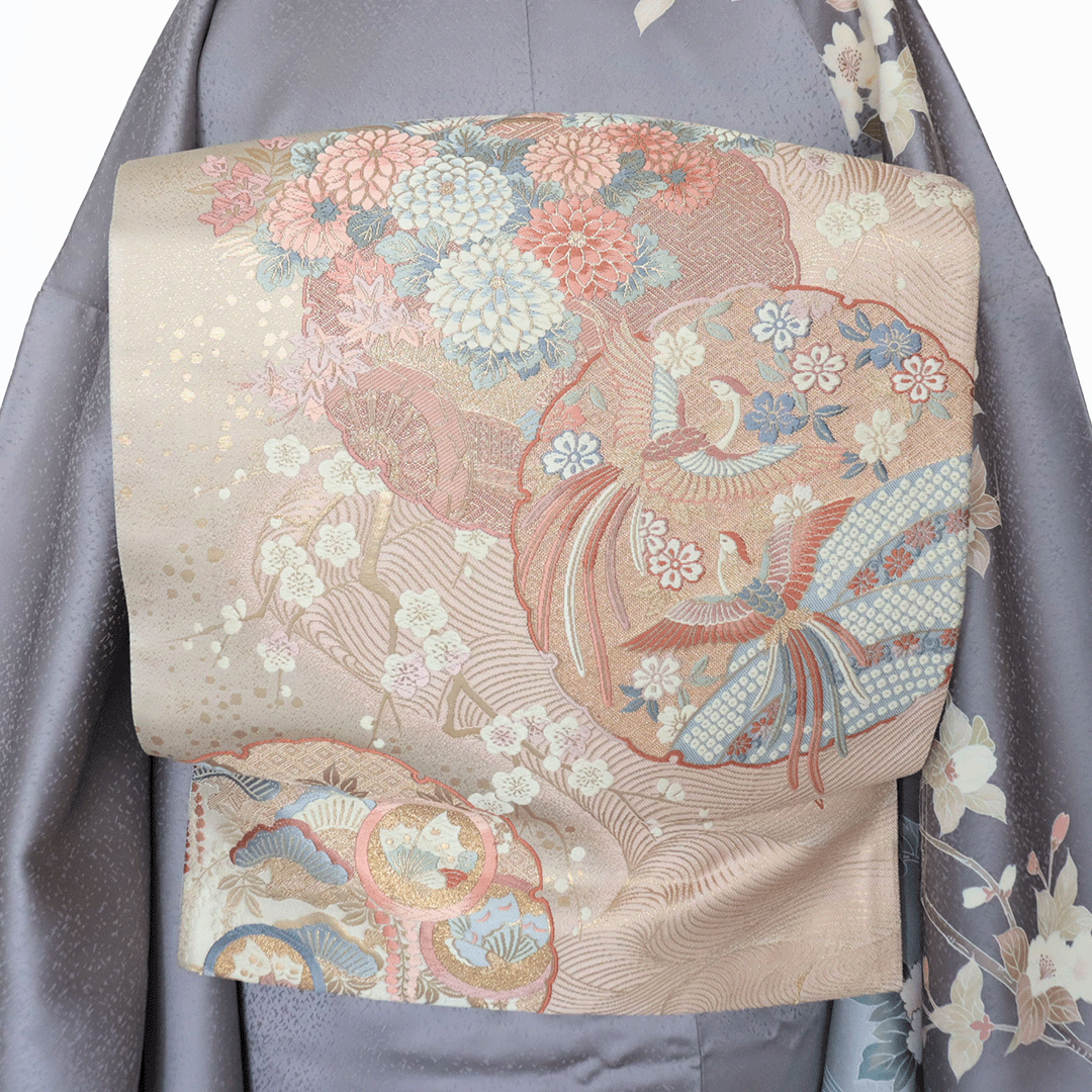 リサイクル着物】袋帯 花・蝶・鳳凰の柄 金ラメ FU-427 - 着物屋みやび