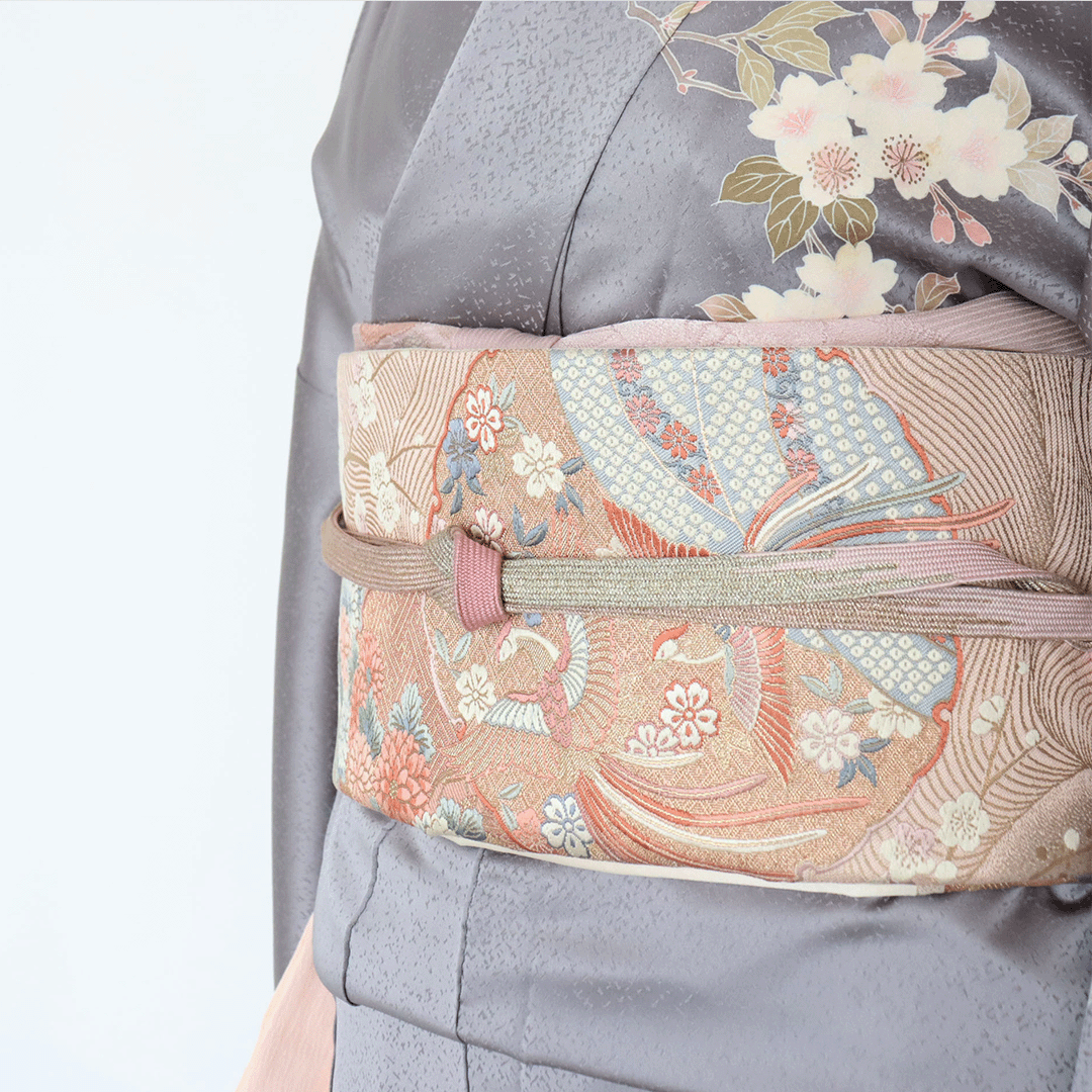 リサイクル着物】袋帯 花・蝶・鳳凰の柄 金ラメ FU-427 - 着物屋みやび