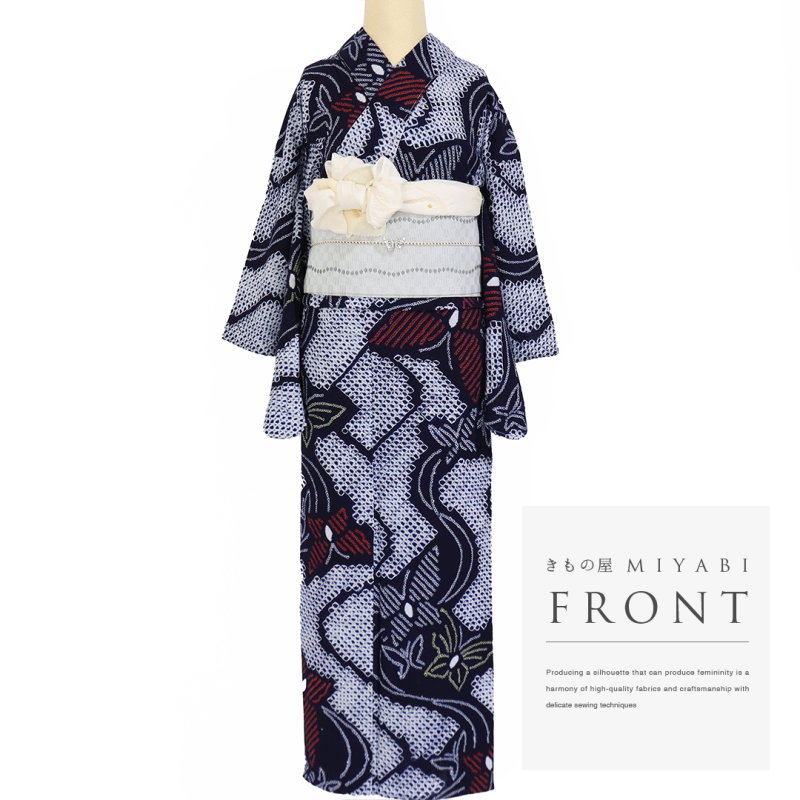 ¨̮⃝ 身丈１５３ 三浦絞り 浴衣 有松絞り yukata utatane｜utatane 有松絞り 浴衣3点セット 綿麻 白と濃紺の