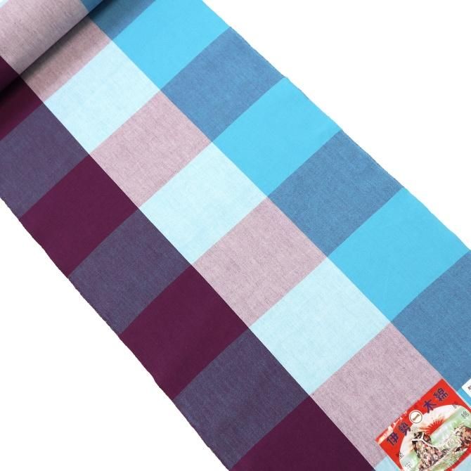 ☆新品☆伊勢木綿 反物 伊勢木綿 洗える着物 反物 「格子 紺地、水色×薄黄色（海蛍