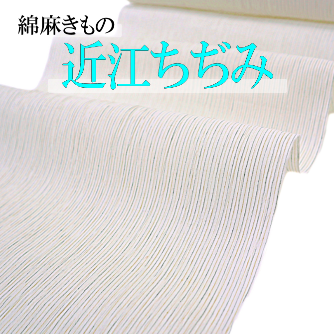 近江ちぢみ 綿麻きもの 白地 緑×黄 細縞 【染重オンラインショップ】 近江ちぢみ 綿麻きもの 白地 緑×黄 細縞 【染重オンラインショップ】