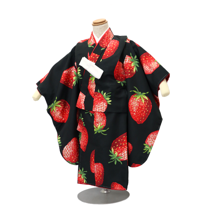 被布 着物 3点セット 黒地にいちご ピンク被布 3 歳 七五三 被布 着物 3点セット 黒地にいちご ピンク被布 3 歳 七五三