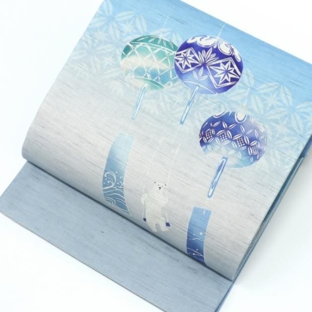 【夏】　召しませ花　麻京袋帯　風鈴　シロクマ　江戸切子　ガラス　七宝　水色グラデ　お仕立上がり名古屋帯　本麻　日本製