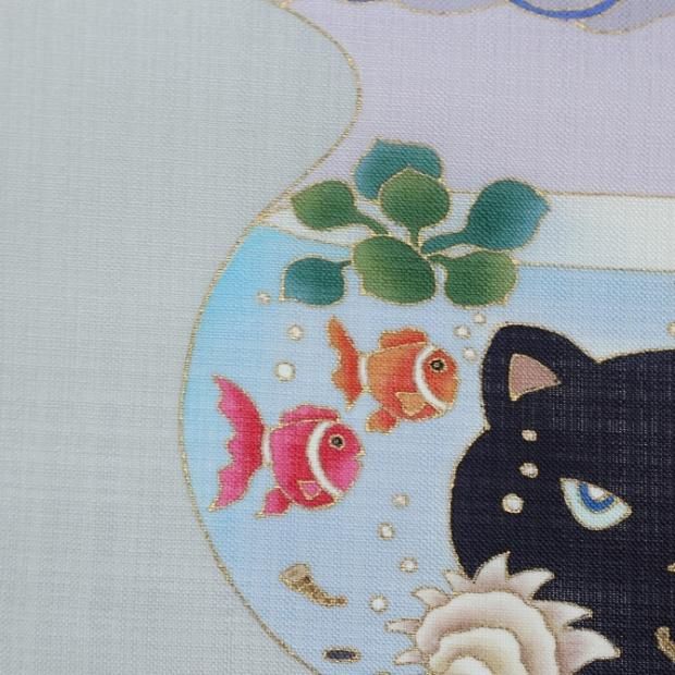 【夏】 染九寸なごや帯　夏紬　金魚鉢　クロネコ　グレー地　日本の絹　しゃれ帯