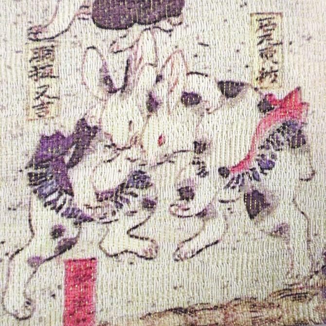 正絹 半幅帯 染め小袋帯 兎絵 勧進大相撲之図 歌川芳藤 浮世絵