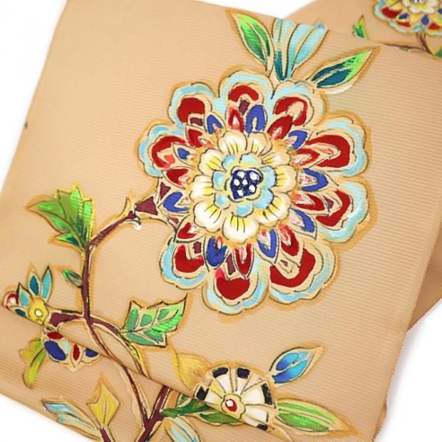 染九寸名古屋帯 彩匠　オレンジベージュ地　花唐草　手描き 一点物 染織作家 職人  染帯 なごや帯