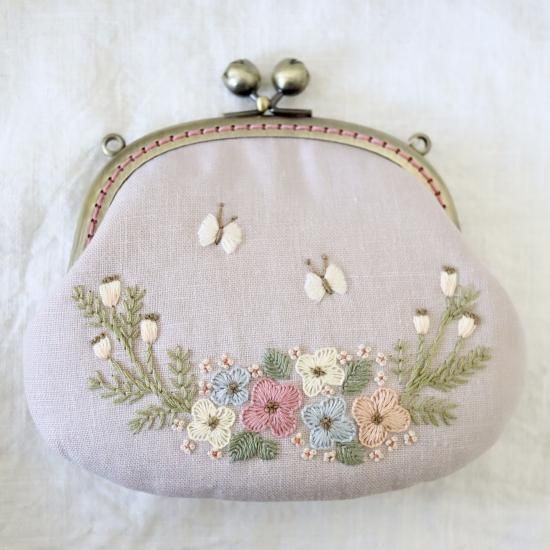 R4 刺繍 がま口 リネン ピンク 1 Aoi Door Online Shop