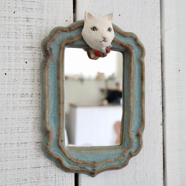 acne pottery studio 猫の壁掛け鏡(シロネコ/A) aoi door 壁掛け鏡
