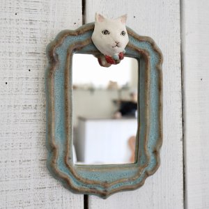 acne pottery studio　猫の壁掛け鏡 (シロネコ/A)
