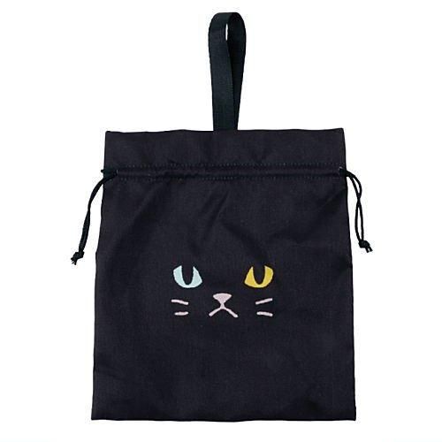 まんまる巾着 ポーチ ふりふり 茶（黒猫イヤホン巾着とおでかけ