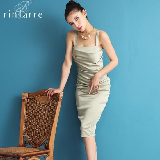 韓国製[rinfarre]グリーン系・サテン生地・ミディアムドレス・ワンピースM サテンホルターネックドレス/rinfarre - カラードレス