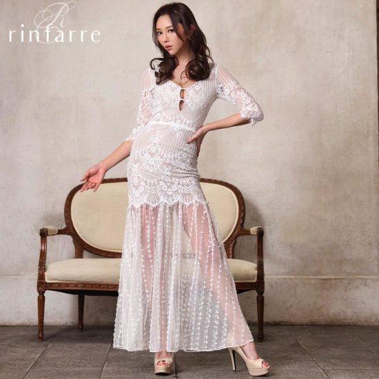 リンファーレ | rinfarre | 韓国製ホワイト×ベージュ 総レース 裾シースルー ストレッチ 七分袖 ロングドレス my
