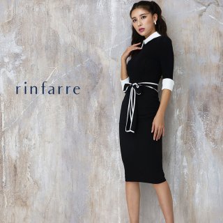 韓国製 | rinfarre | ブラック シンプル 襟付き カフス レイヤードデザイン 七分袖 タイト ミディアムドレス ワンピース