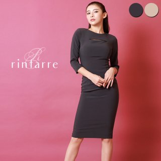韓国製 | rinfarre | ベーシック シンプル 無地　胸元カット 七分袖 タイト ミディアムドレス ワンピース