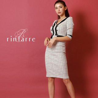 韓国製 | rinfarre | ライトグレー ツイード ブラックライン Vネック 五分袖 タイト ミディアムドレス ワンピース