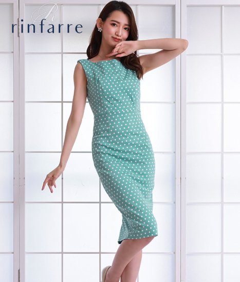 韓国製 | rinfarre | ドット 水玉 ボートネック ノースリーブ タイト ミディアムドレス ワンピース - rinfarre |  韓国製の大人女性向け上品ドレスが主なリンファーレ公式通販