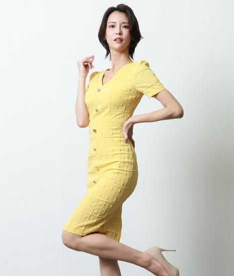 [美品]rinfarre/リンファーレ/ 韓国製 | rinfarre | イエロー 半袖 ボタン タイト ミディアムドレス