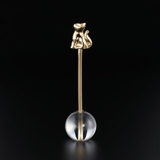十八金製　水晶りん棒　猫のデザイン