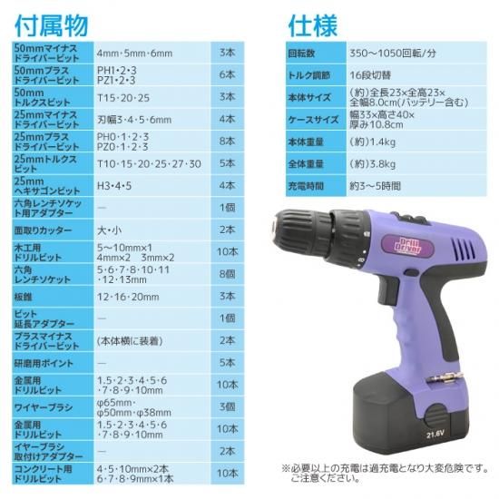 21.6V ハイパワー 電動ドライバー 92点 セット パープル 電動