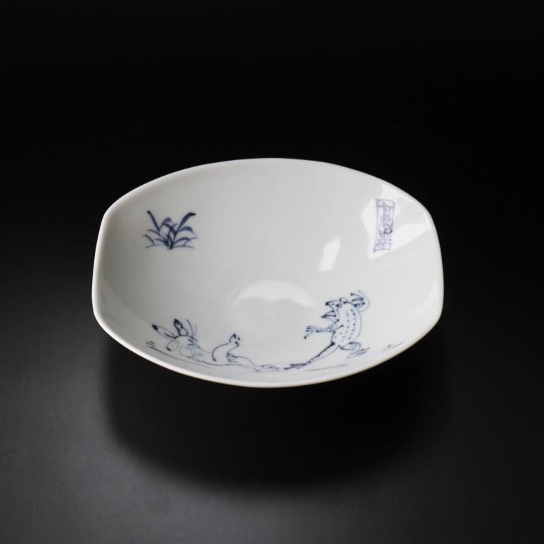 染付　向付　皿　食器　鳥獣戯画紋向付　2枚組 染付鳥獣戯画二匹カエル4寸皿 - 京都祇園の和食器・清水焼の