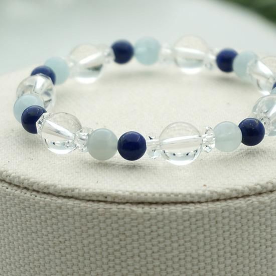 華やか❢高品質大珠アクアマリンと美しいラピスラズリの花のブレス❥ 水晶×ラピスラズリ×アクアマリンのブレスレット ゴムブレスレット