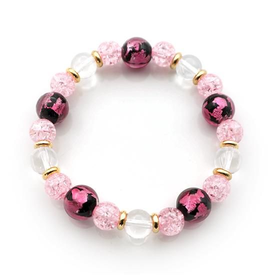夜桜ピンク®とんぼ玉ブレスレット クラックアクリル 水晶 ゴム