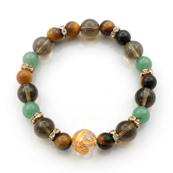 玄武水晶(金彫）ブレスレット 茶水晶 タイガーアイ アベンチュリン 四