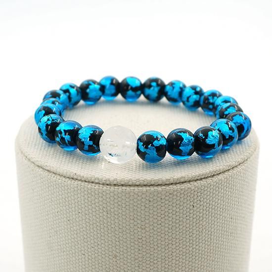 青龍水晶(素彫）ブレスレット 深海ブルー®とんぼ玉 ゴムブレスレット
