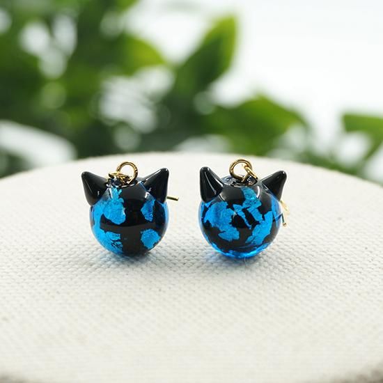 深海ブルー®ねこ玉ピアス ロジウム 12mm フックピアス