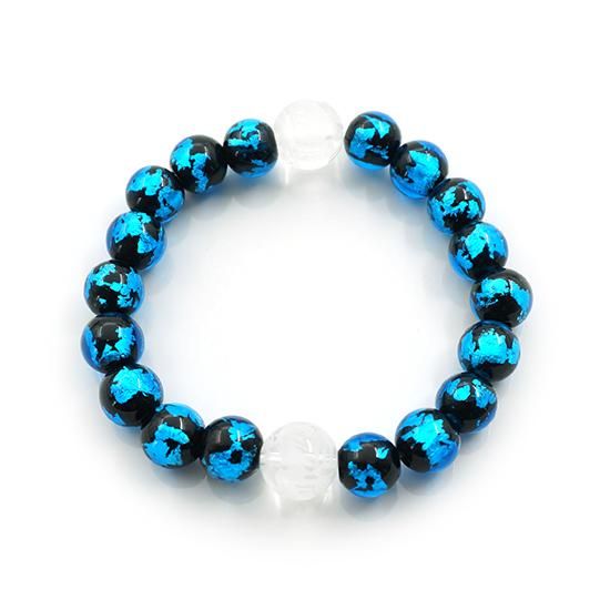風水　青龍　水晶、ブルーダイヤ 青龍水晶(素彫）ダブルブレスレット 深海ブルー®とんぼ玉 ゴム