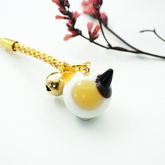 三毛ねこ玉ストラップ 鈴付き お守り猫 16mm 猫玉 ネコ玉 ねこ