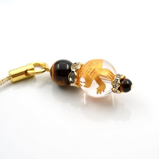 白虎水晶（金彫）ストラップ タイガーアイ 四神 根付 チャーム お守り