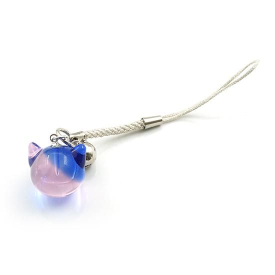 カクテルガラスねこ玉ストラップ（ブルー＆ピンク） 鈴付き 16mm