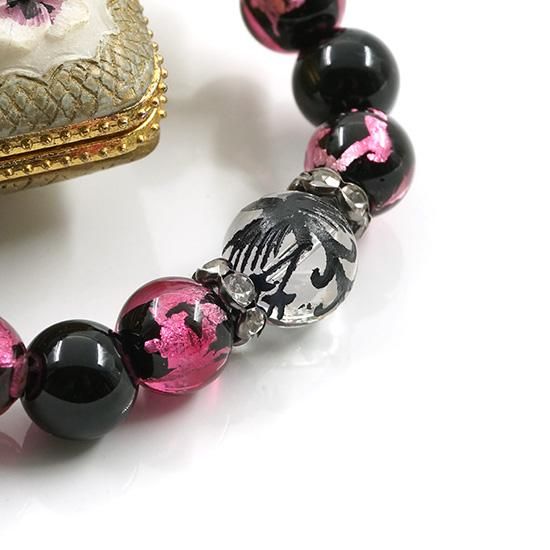 朱雀水晶(黒彫）ブレスレット 夜桜ピンク オニキス ロンデル