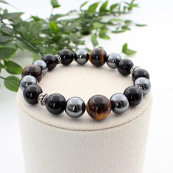 タイガーアイブレスレット 14mm オニキス ヘマタイト ゴムブレス
