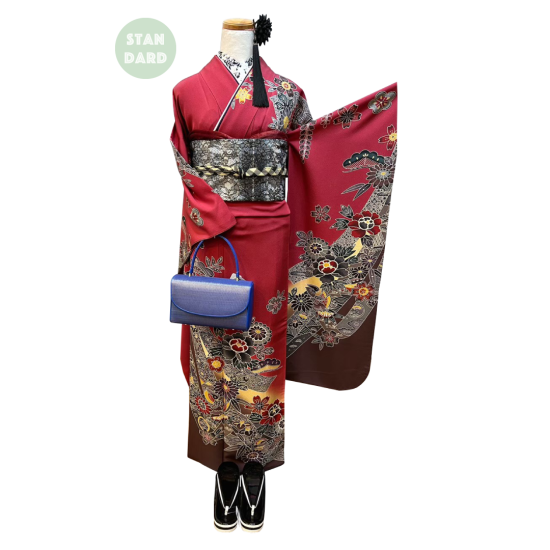 振袖 ワインレッド 紅型柄 古典