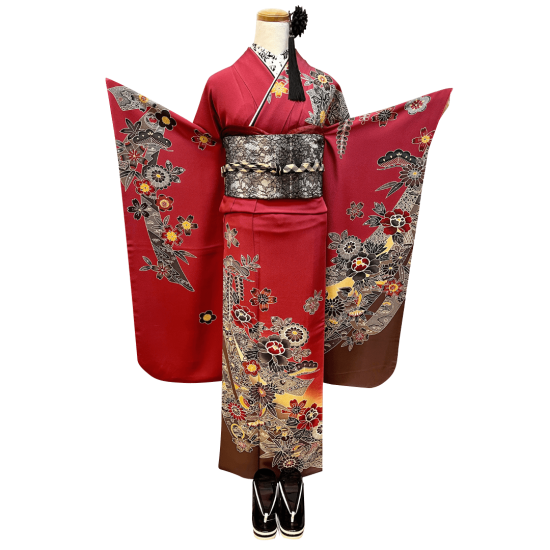 振袖フルセット 赤系 ワインレッド 汕頭刺繍たっぷりの美しい色