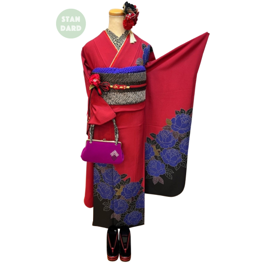 無地振袖 紋意匠 シンプル くべ ネイビー系 向鶴 身丈161cm 撥水