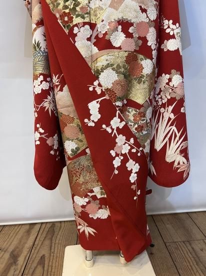十日町友禅 振袖 赤 地紙 吾妻徳穂 古典 十日町友禅 振袖 赤 地紙 吾妻徳穂 古典