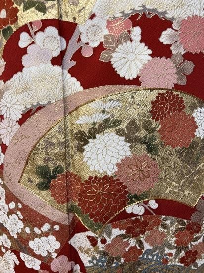 十日町友禅 振袖 赤 地紙 吾妻徳穂 古典
