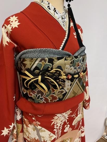 十日町友禅 振袖 赤 地紙 吾妻徳穂 古典 十日町友禅 振袖 赤 地紙 吾妻徳穂 古典