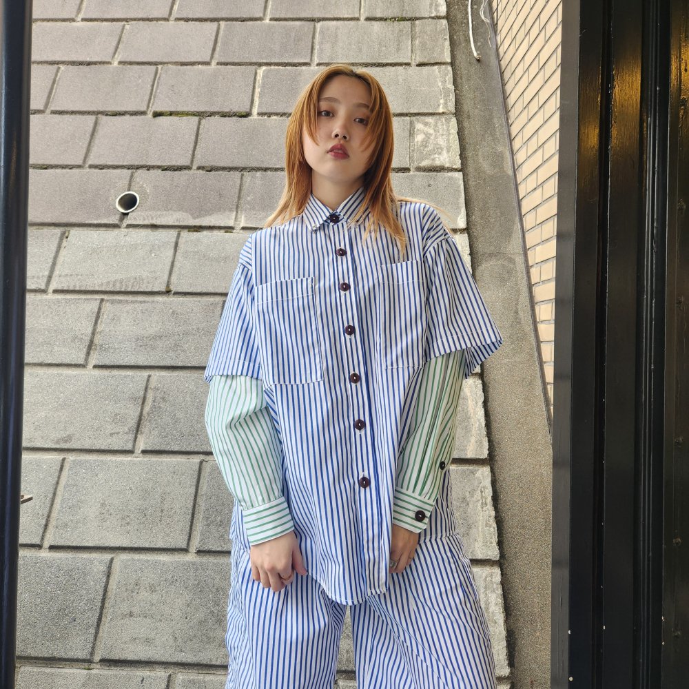 <img class='new_mark_img1' src='https://img.shop-pro.jp/img/new/icons1.gif' style='border:none;display:inline;margin:0px;padding:0px;width:auto;' />Kkco Pierced Double Button Up Shirt /Mixed Sea Stripe