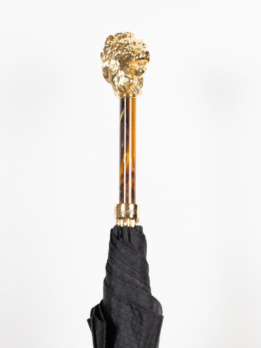 BLACK SPUARE PATTERN UMBRELLA WITH GOLD LION AND BROWN HANDLE