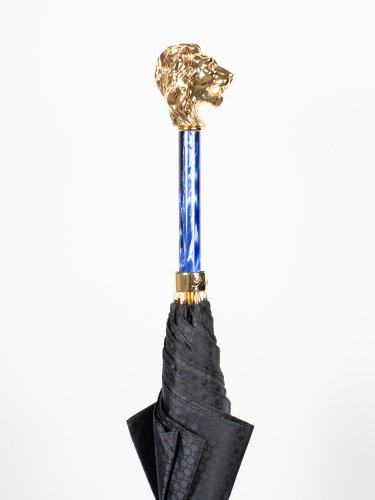 BLACK SPUARE PATTERN UMBRELLA WITH GOLD LION AND BLUE HANDLE